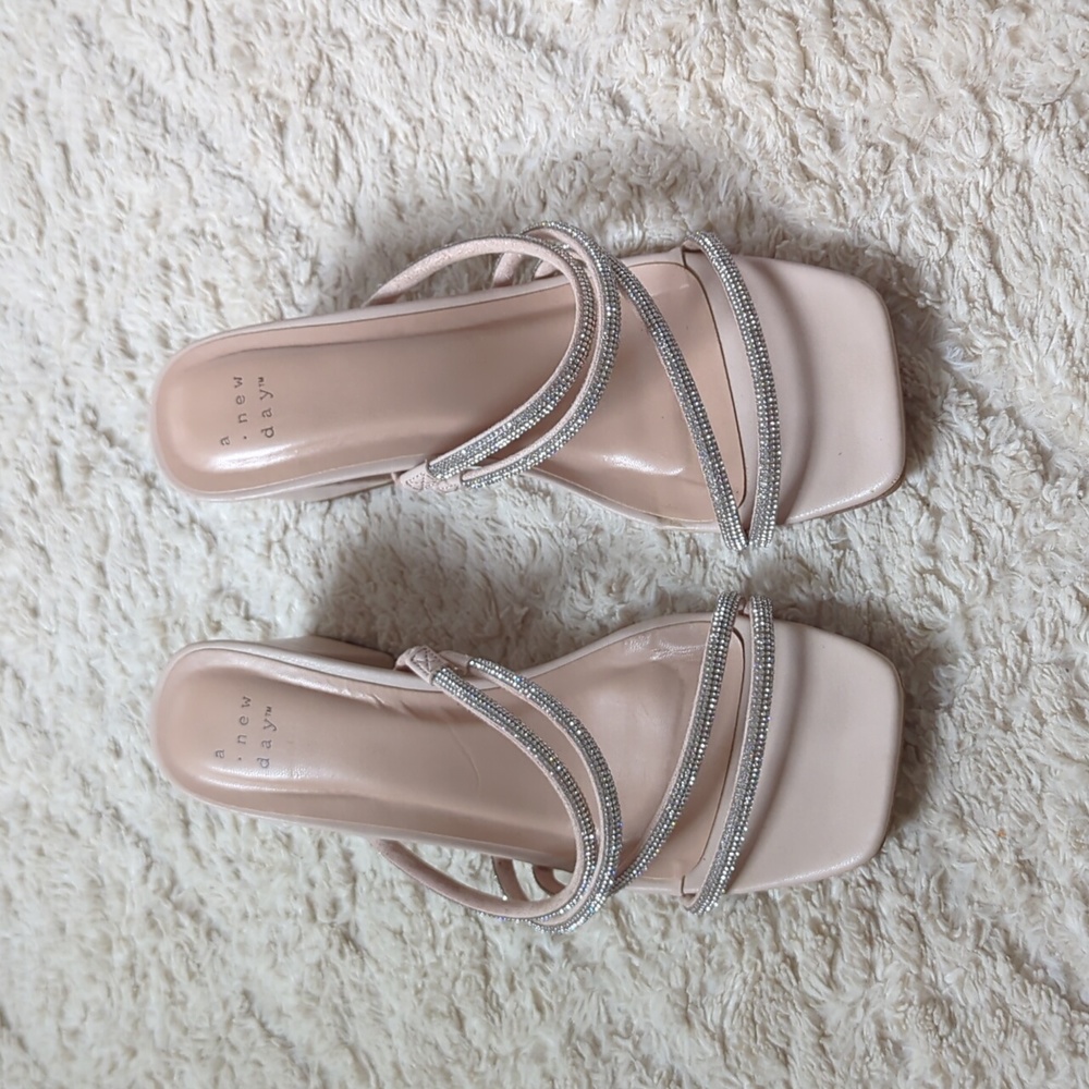 Tan heels with silver sparkly straps